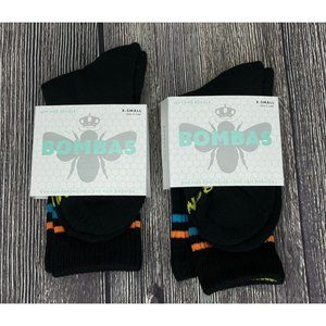NEW BOMBAS Crew Calf Socks Black XS X-Small Women’s Orange Blue Stripe Lot of 2